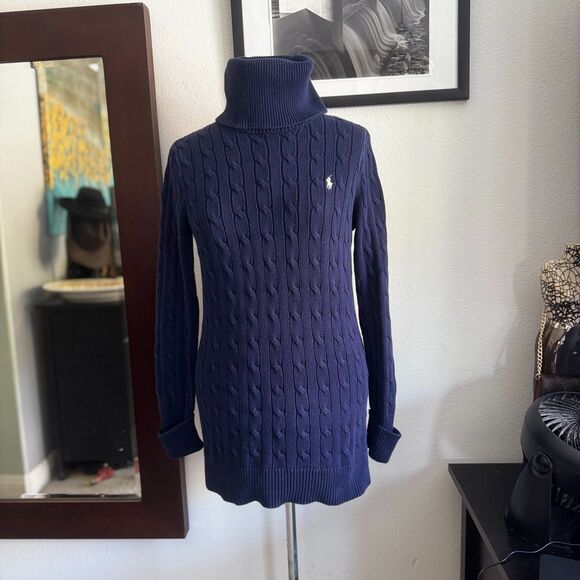 Ralph Lauren turtleneck. Thick cable knit, navy embroidered logo. Cozy prep. - Picture 5 of 10